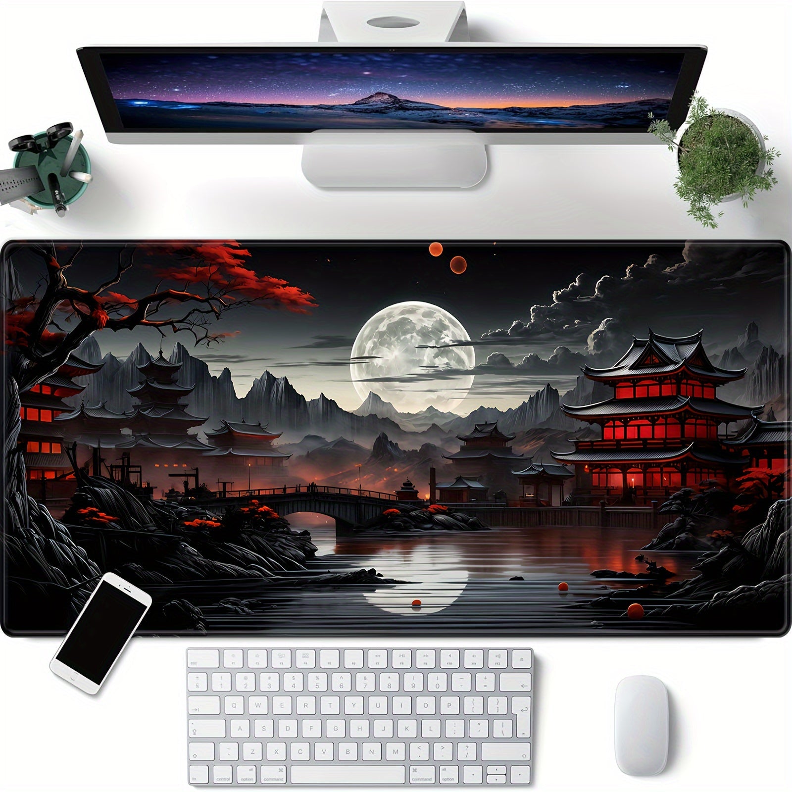 Japanese Style Full Moon River Landscape Desk Mat, Non-Slip Rubber Gaming Mouse Pad, Extended Keyboard Mat for Office and Home Decor, 35.4 x 15.7 Inches Lootquake LLC