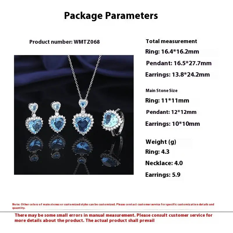 European And American Aquamarine Colored Gems Necklace Ear Stud Ring Women's