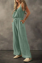 Moss Green Knotted Straps Button Textured Drawstring Jumpsuit