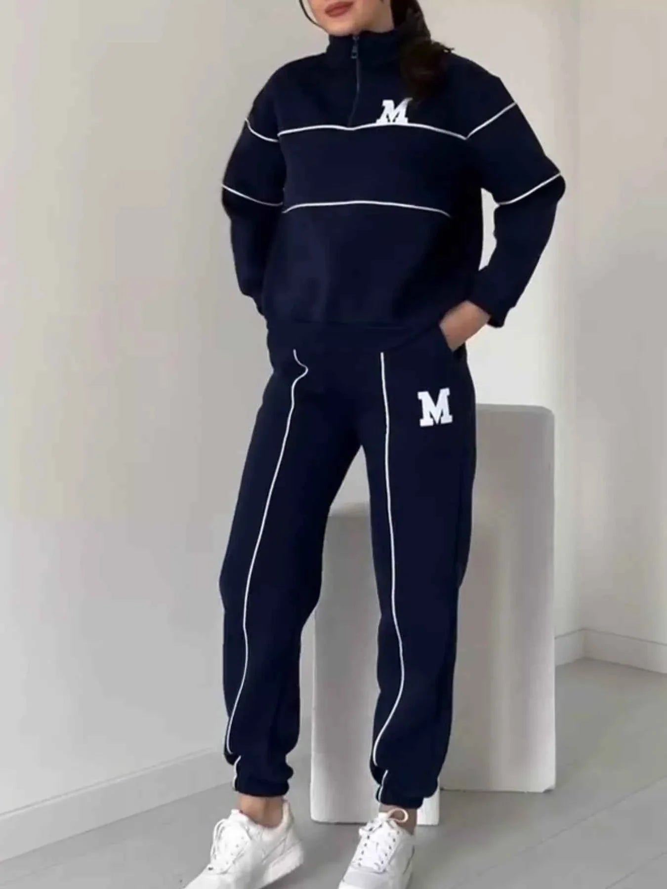 Full Size Striped Quarter Zip Top and Pants Set Plus Size THRIXINE