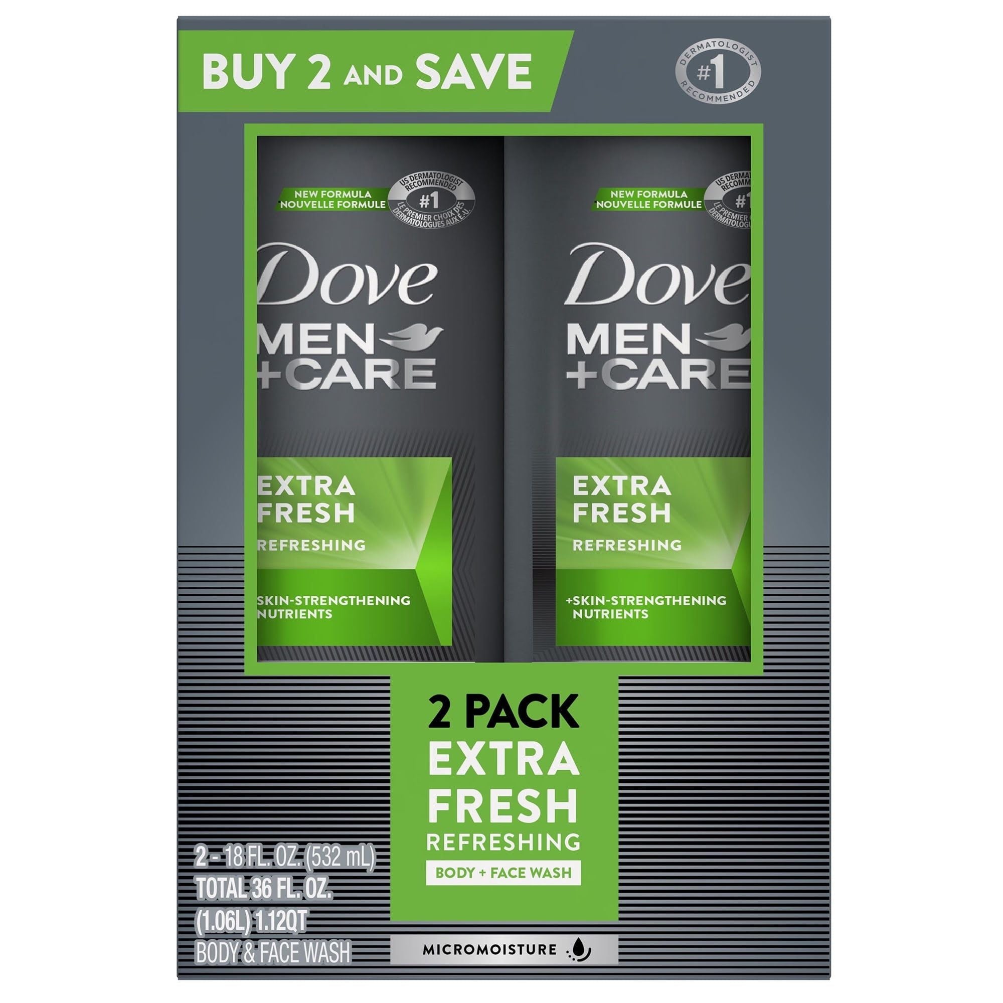 Dove Men+Care Extra Fresh Refreshing Hydrating Face and Body Wash Twin Pack, 18 fl oz EasyOptionXY LLC