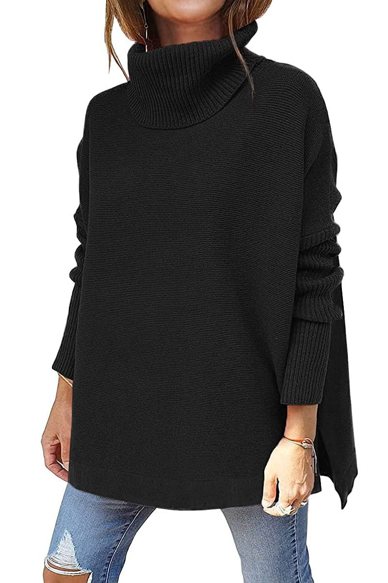 Turtleneck Sweater Mid Length Batwing Sleeve Slit Hem Tunic Pullover Sweaters Winter Tops Women Clothing Pi-Mart