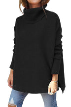 Turtleneck Sweater Mid Length Batwing Sleeve Slit Hem Tunic Pullover Sweaters Winter Tops Women Clothing Pi-Mart