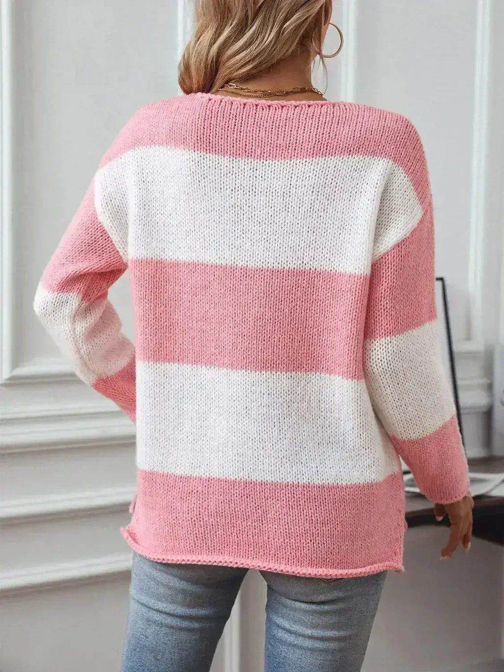 Color Block V-Neck Long Sleeve Sweater - SJB-DIAMOND ELITES