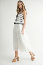 Crochet Stripe Knit Eyelet Mix Midi Dress – Crochet Midi Dress, Stripe Knit Dress, Eyelet Mix Dress, Trendy Midi Dress, Versatile Midi Dress