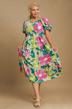 Colorful Full Size Floral Print Puff Sleeve Midi Dress Plus Size Elegant & Feminine Romantic Long Dress Stevvex