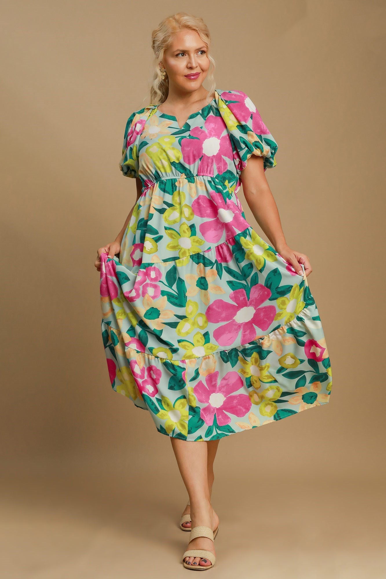 Colorful Full Size Floral Print Puff Sleeve Midi Dress Plus Size Elegant & Feminine Romantic Long Dress Stevvex