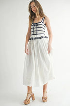 Crochet Stripe Knit Eyelet Mix Midi Dress – Crochet Midi Dress, Stripe Knit Dress, Eyelet Mix Dress, Trendy Midi Dress, Versatile Midi Dress