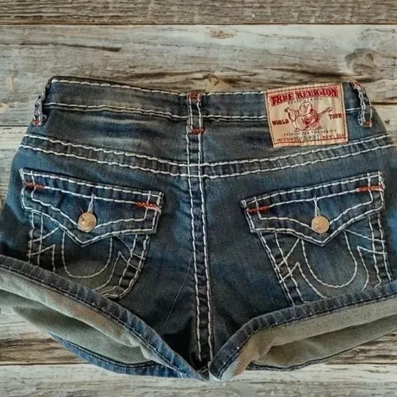 Women's retro Summer casual Buddha statue denim shorts Y2K sexy hot pants high waisted pocket embroidered street mini shorts Purplish Diva