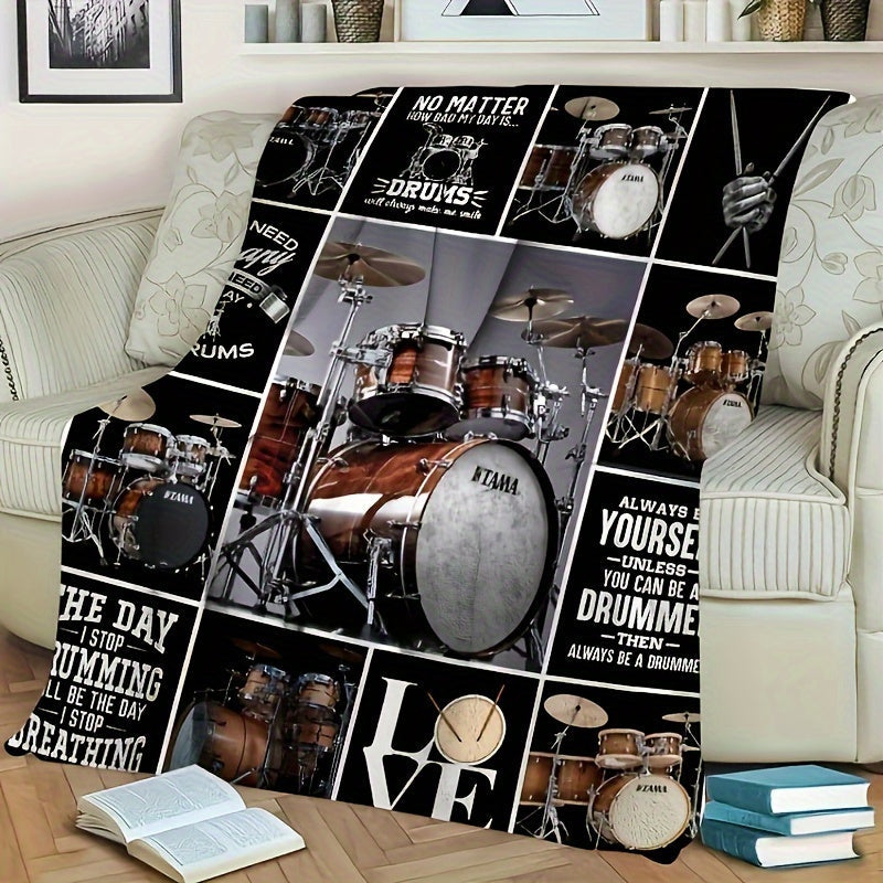 1pc Drum Set Themed Fleece Blanket, Musical Passion Gift, Soft Cozy Music Lover Throw, Bedroom & Living Room Decor, Drummer Inspirational Quotes, Black & White