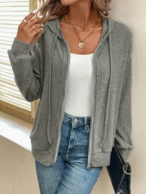 Women's Solid Color Hooded Zipper Fashionable Hoodie - SJB-DIAMOND ELITES