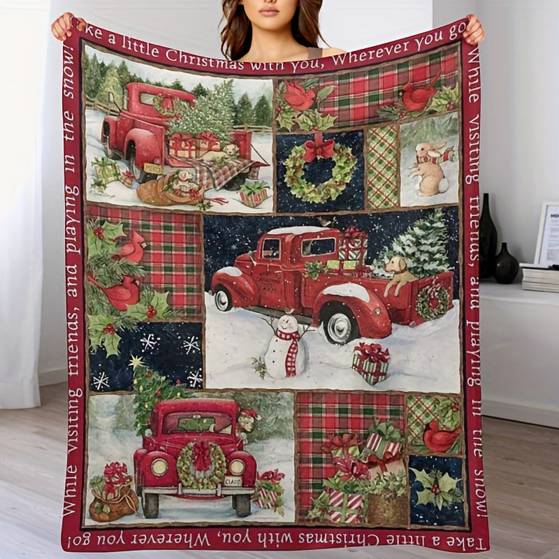 1pc Cozy Christmas Car Print Flannel Blanket - Ultra-Soft, Warm, and Lightweight Throw Blanket for Couch, Sofa, Office, Bed, Camping, and Travel - Multi-Purpose, All-Season Gift Blanket for Family and Friends with Versatile U Lootquake LLC