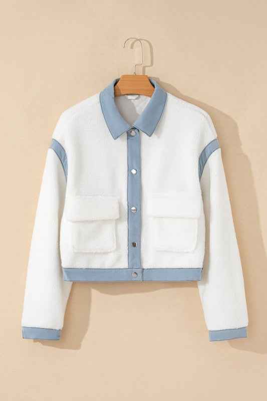 Solid Contrast Trim Buttoned Sherpa Jacket THRIXINE