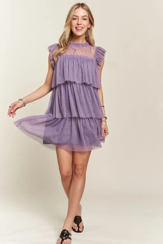 Layered Ruffled Cap Sleeve Mesh Dress For Women – Romantic Mesh Dress with Lace & Ruffled Layers for Elegant Parties & Special Events Stevvex