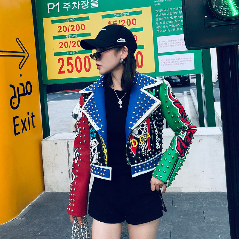 Rivet leather jacket jacket short top Pi-Mart