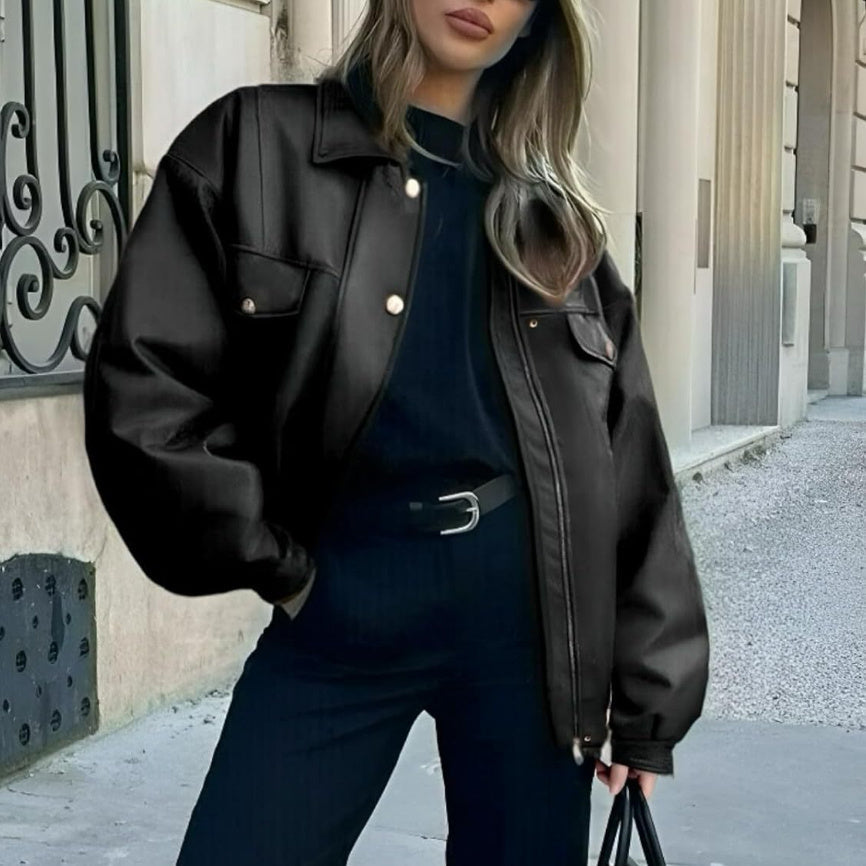 Women's Leather Jacket Loose Long Sleeve Lapel Motorcycle Jacket Pi-Mart
