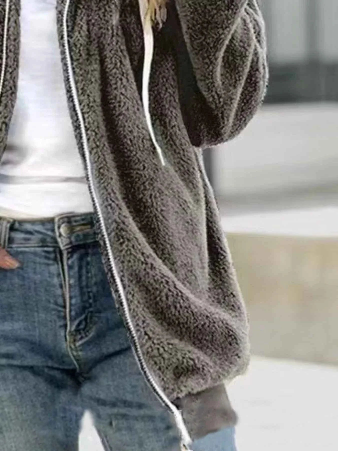 Full Size Cozy Fleece Zip-Up Hooded Jacket Plus Size THRIXINE