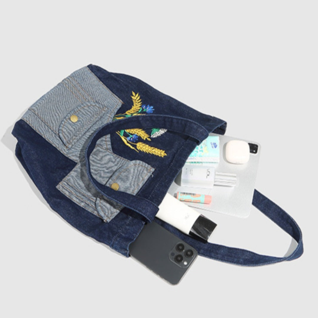 Shoulder denim bag, wheat ear embroidery splicing shoulder bag, vintage tote bag, fashion shopping bag - SJB-DIAMOND ELITES