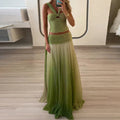 Sexy Strapless Top with Long Skirt Women's Suits Fashion Backless Pleated Club Outfit Gradient Green Hollow Slim Two Piece Sets Purplish Diva