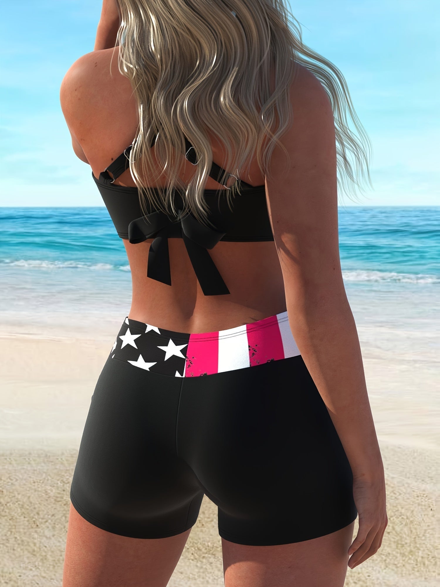 Bikini American Flag Print 2 Piece Criss Cross Halter Swimsuit for Women – High Stretch Patriotic Bikini Set with Ring Knot Back and Boxer Shorts Bottoms – Comfortable Summer Swimwear for Beach Pool and 4th of July Celebrations Stevvex