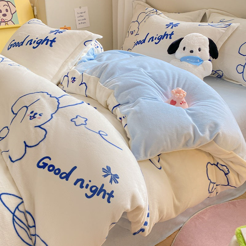 Winter Thickening Milk Fiber Bed Four-piece Coral Velvet Quilt Cover Flange Double-sided Bed Sheet Three-piece Bedding Pi-Mart