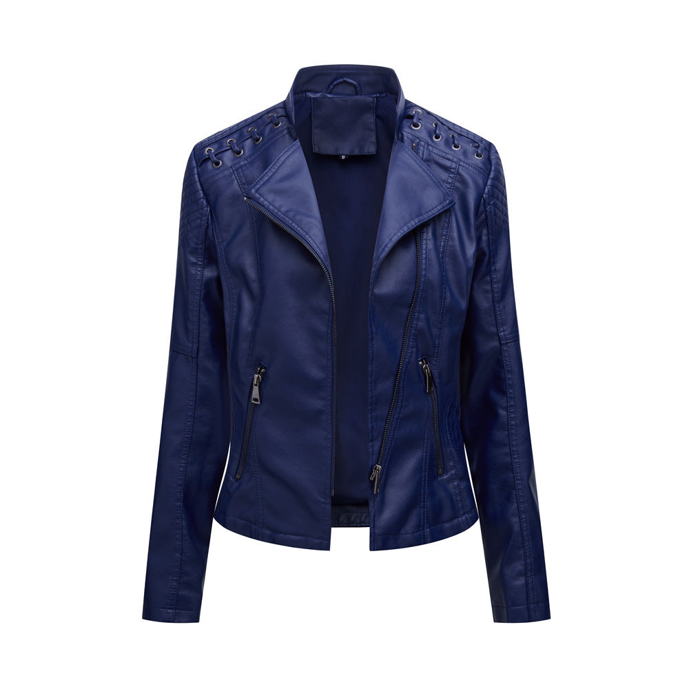 Pi-Mart Women's PU Leather Motorcycle Jacket - Slim Fit Short Biker Jacket with Lapel Collar (S-XXXL)