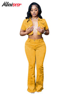 Mlaiscsr Green Denim Baddies Outfits for Women Two 2 Pieces Set Flare Jeans and Crop Top Stretch Suits Birthday Party Clubwear Purplish Diva