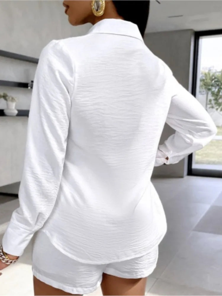 Fashion Two Piece Outfits Women's Turn-down Collar Pocket Design Button Shirt Top & Shorts Set New Summer Women Solid 2pcs Sets Purplish Diva