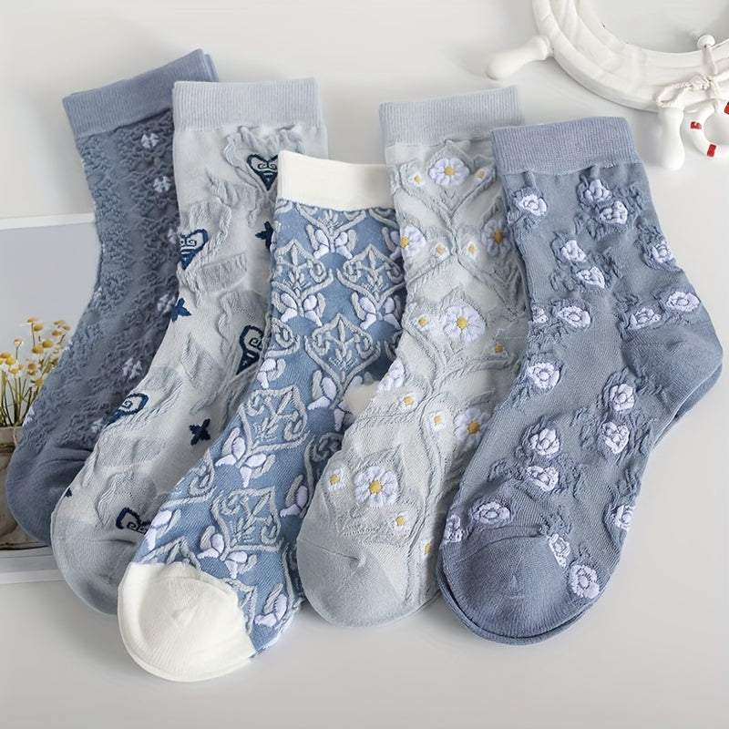 5 Comfy Cartoon Flower Pattern Knitted Socks, Breathable Soft Crew Socks For Outdoor Wearing Lootquake LLC