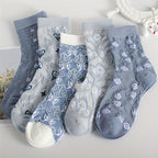 5 Comfy Cartoon Flower Pattern Knitted Socks, Breathable Soft Crew Socks For Outdoor Wearing Lootquake LLC