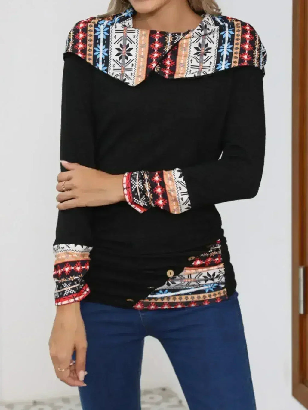 Printed Collared Neck Long Sleeve Blouse – Femstylo - SJB-DIAMOND ELITES