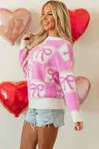 Pink Bow Knot Two Tone Checkered Crew Neck Sweater - SJB-DIAMOND ELITES