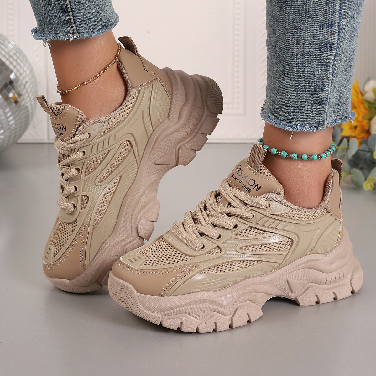 Mesh Breathable White Shoes Thick Bottom Heighten Casual Shoes Sports Women's Shoes Pi-Mart