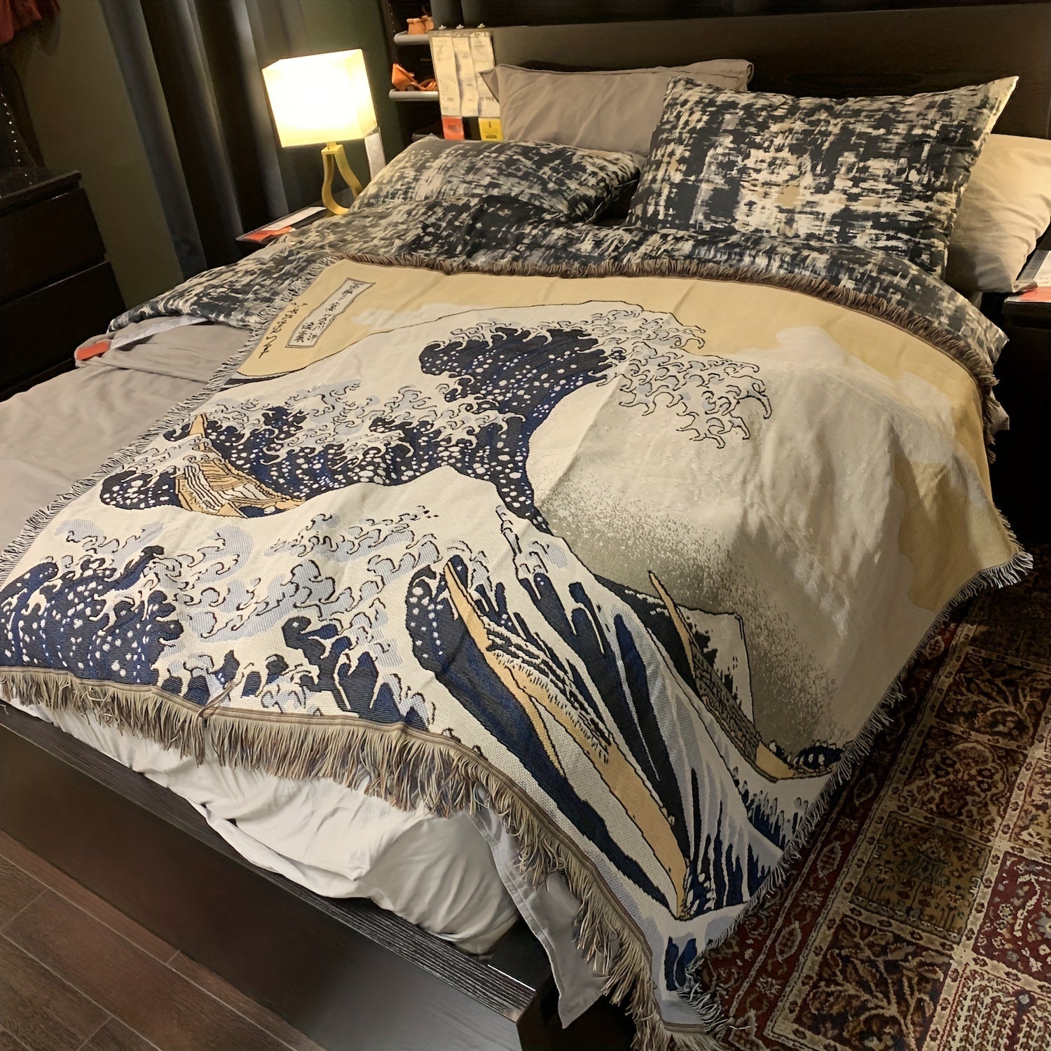 1pc Japanese Sea Wave Woven Double-sided Multi-functional Blanket, Bohemian Tapestry Hippie Room Decoration Geometric Blanket, Tassel Woven Blanket, Sofa Blanket Outdoor Hiking Backpacking Beach Travel Decoration Blanket, Wov