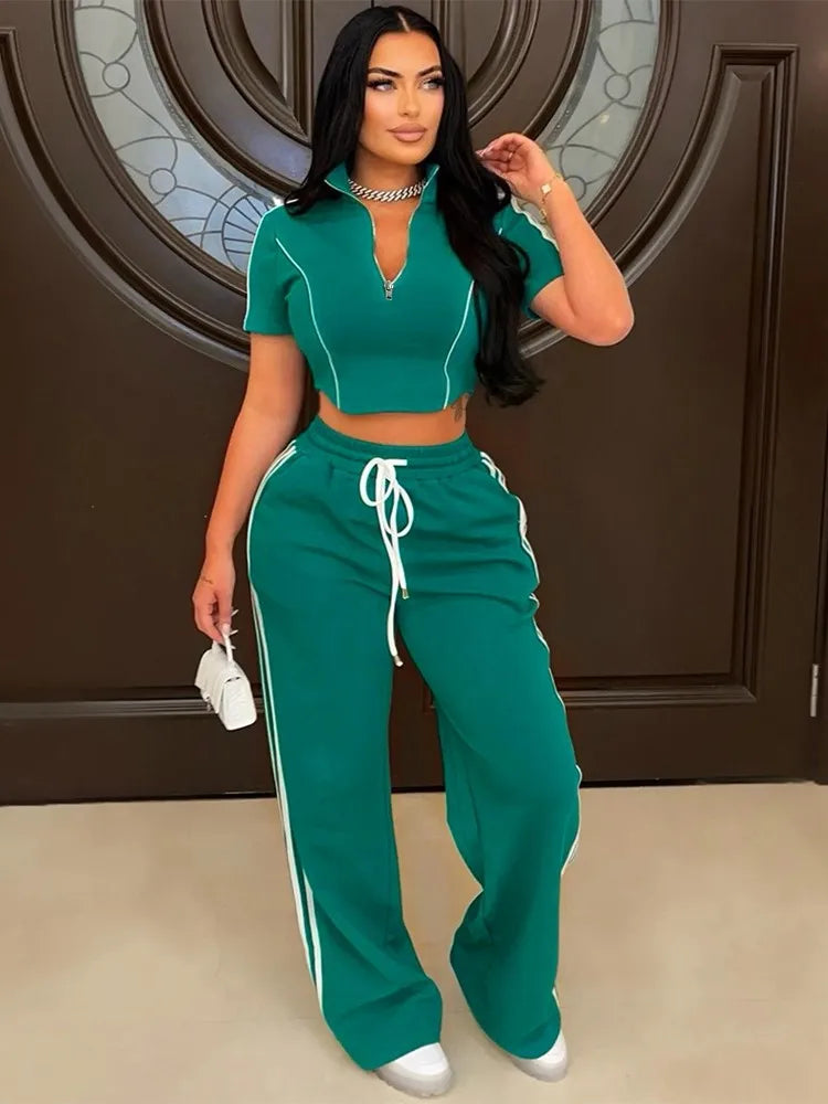 Fashion Casual Short Hoodie 2 Piece Women Summer Zipper Top Short Sleeved Sports T Shirt Stripe Splicing Long Pants Female Suit Purplish Diva
