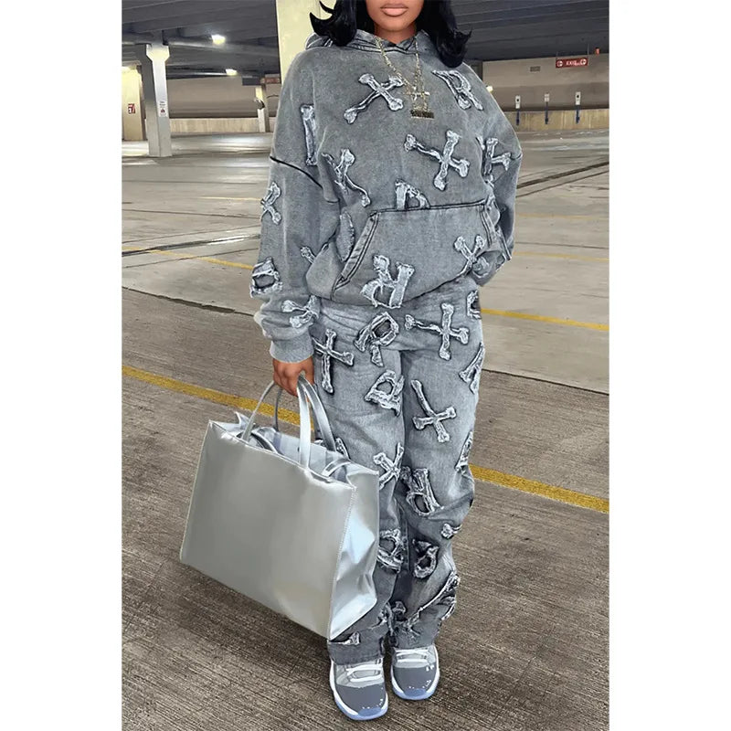 Fitness Women 2 Piece Set Fake Denim Printed Baggy Hoodies Jogging Pants Matching Set 2023 Fall Winter Outfits Sporty Tracksuits Purplish Diva
