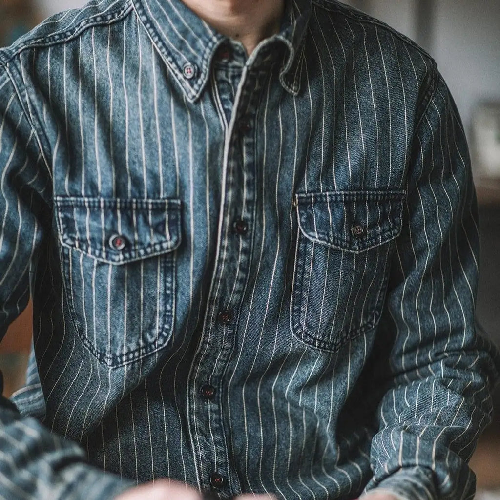 Vintage Vertical Stripes Denim Shirt Workwear Washed Old Long Sleeve Men