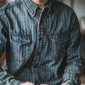 Vintage Vertical Stripes Denim Shirt Workwear Washed Old Long Sleeve Men