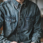 Vintage Vertical Stripes Denim Shirt Workwear Washed Old Long Sleeve Men