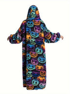 Plus Size Pumpkin Print Flannel Blanket Hoodie - Soft, Cozy, Plush, Hooded, Winter Outwear for Women with Halloween Theme Lootquake LLC