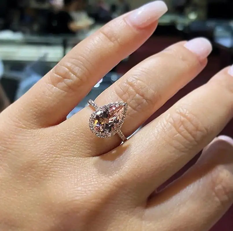 European And American 18K Rose Gold Plated Inlaid Pink Crystal Water Drop Pear-shaped Ring