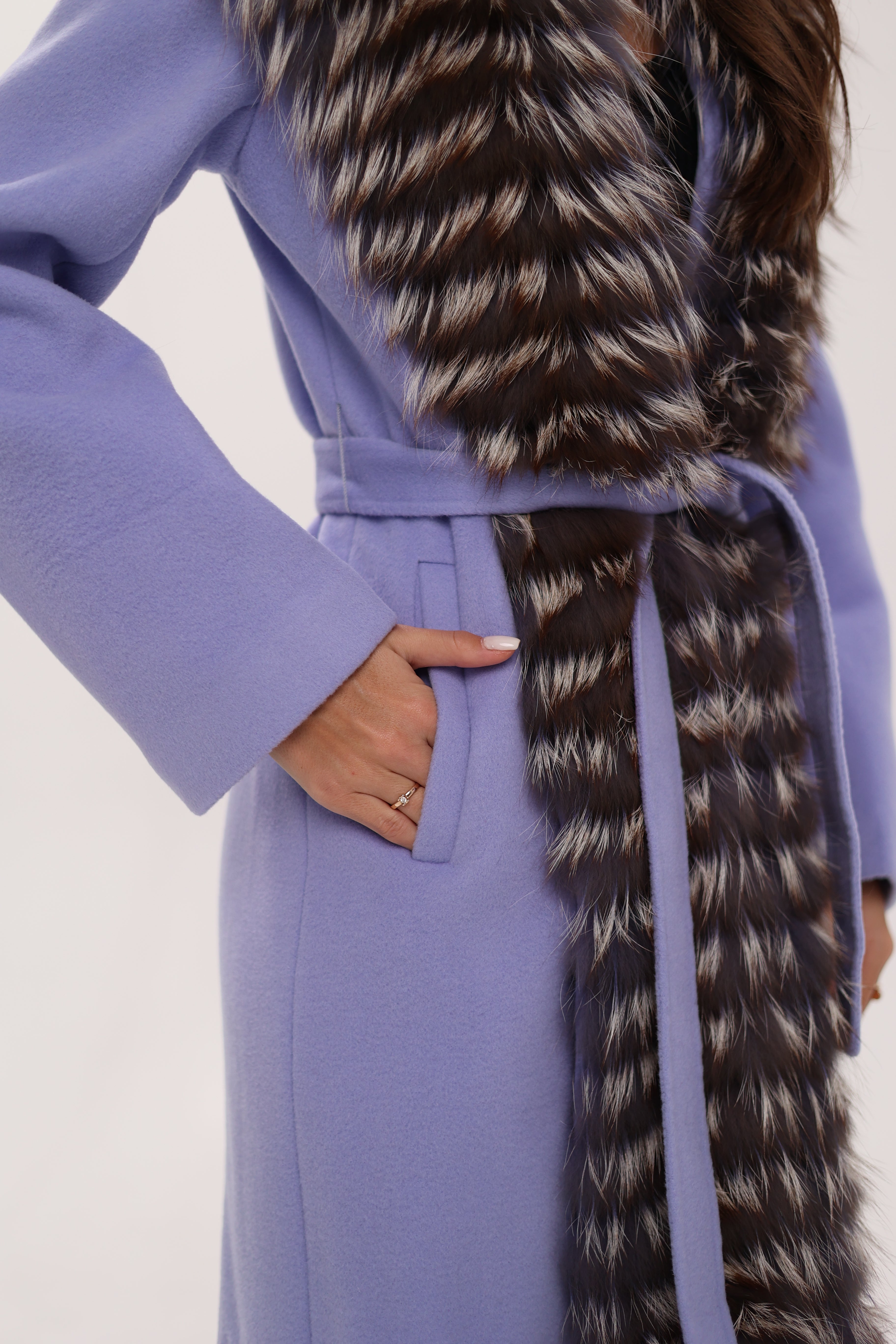Genuine Silver Fox Virgin Wool Wrap Coat in Lavender - SJB-DIAMOND ELITES