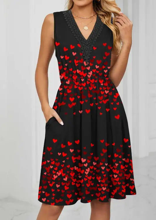 Ladies' V-neck Heart-shaped Printed Casual Off Shoulder Dress - SJB-DIAMOND ELITES