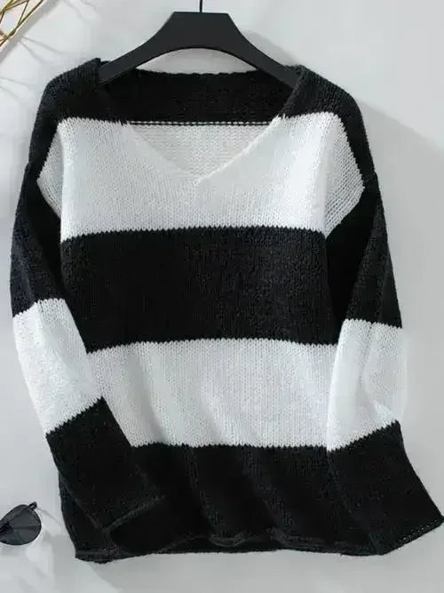 Color Block V-Neck Long Sleeve Sweater - SJB-DIAMOND ELITES