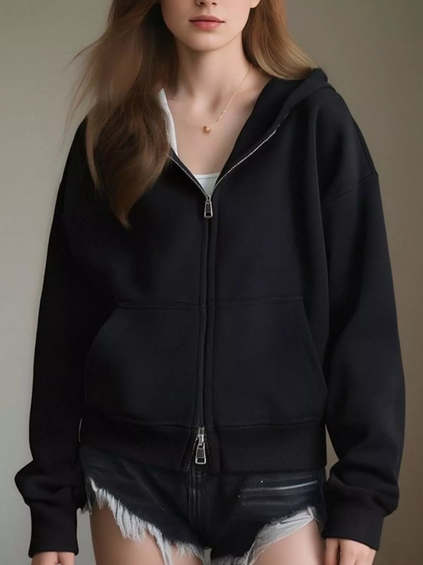 Full Size Casual Zip-Up Long Sleeve Hoodie Plus Size THRIXINE
