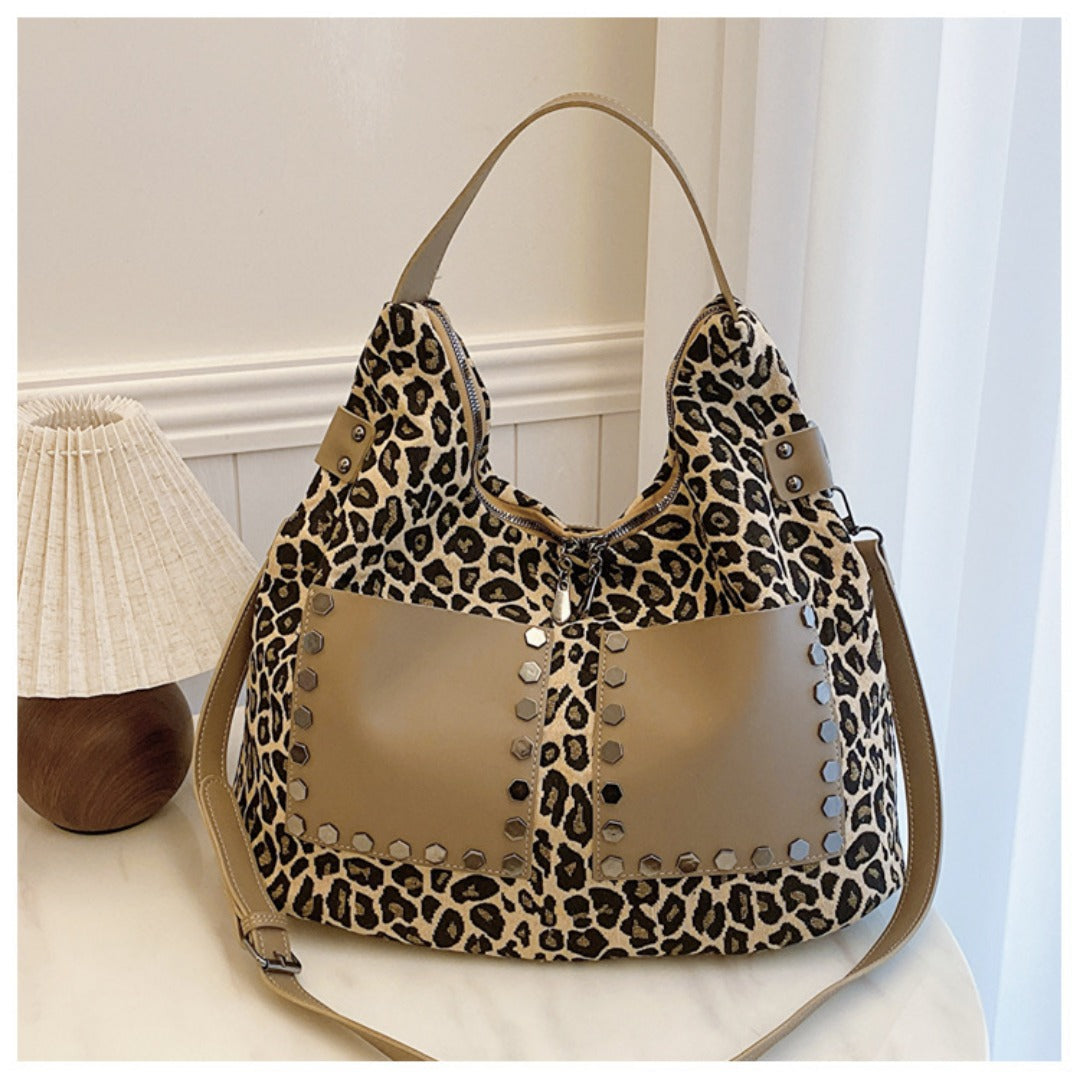 Ladies leopard print large capacity tote bag, vintage hobo bag casual, shoulder bag with crossbody strap, bag underarm bag women - SJB-DIAMOND ELITES
