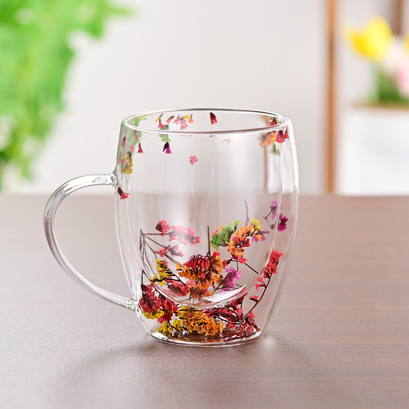 Creative Household Coffee Milk Dried Flower Quicksand Double Layer Glass Cup Pi-Mart