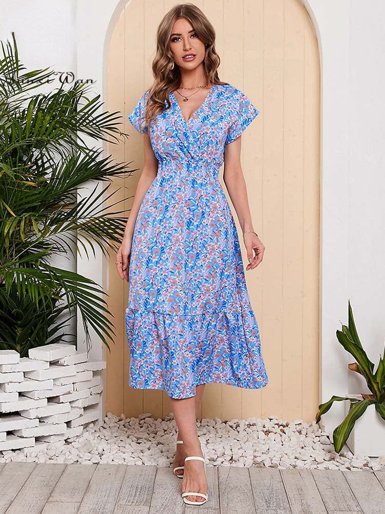 Women Summer Chiffon Floral Print Long Dress Short Sleeve Elegant V Neck Elastic Waist Holiday Beach Dress - SJB-DIAMOND ELITES