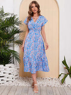 Women Summer Chiffon Floral Print Long Dress Short Sleeve Elegant V Neck Elastic Waist Holiday Beach Dress - SJB-DIAMOND ELITES