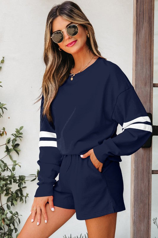 Varsity Stripe Sweatshirt and Short Set THRIXINE